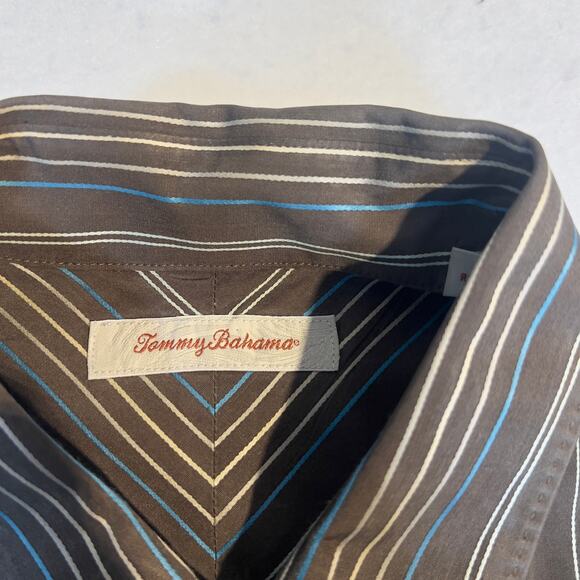 Tommy Bahama 100% Silk Resort Wear ButtonUp Shirt Men XXL Brown Blue Gold Stripe - Picture 2 of 13